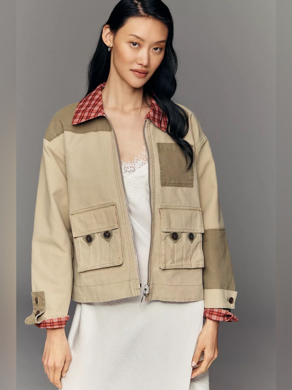 Anthropologie Damson Madder Marcelle Reversible Barn Jacket Plaid Khaki 8 NWT - Picture 6 of 15